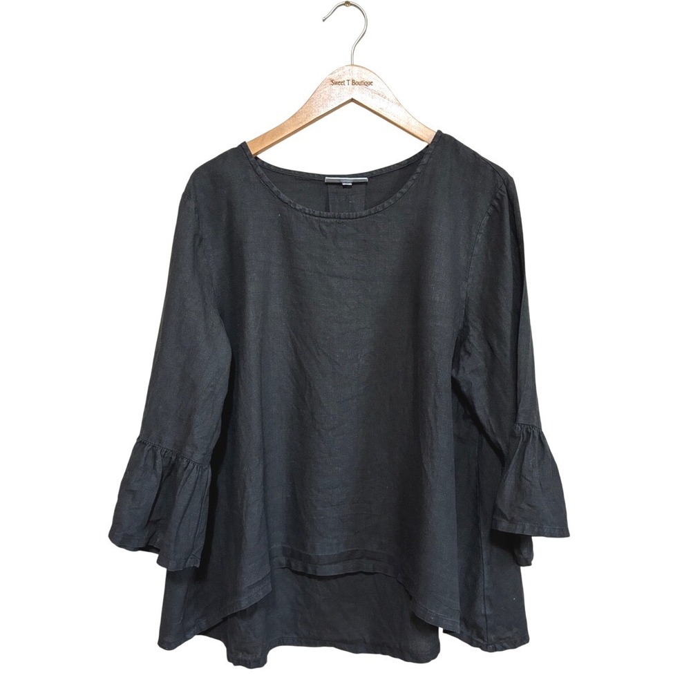 Bryn Walker Large Black Linen 3/4 Ruffle Sleeve Pullover Top Lagenlook Boho